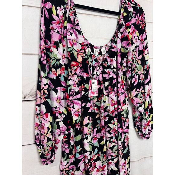 Roxy Sweetest Shores Mini Black Floral Boho V Neck Dress Ladies Large - Picture 5 of 5